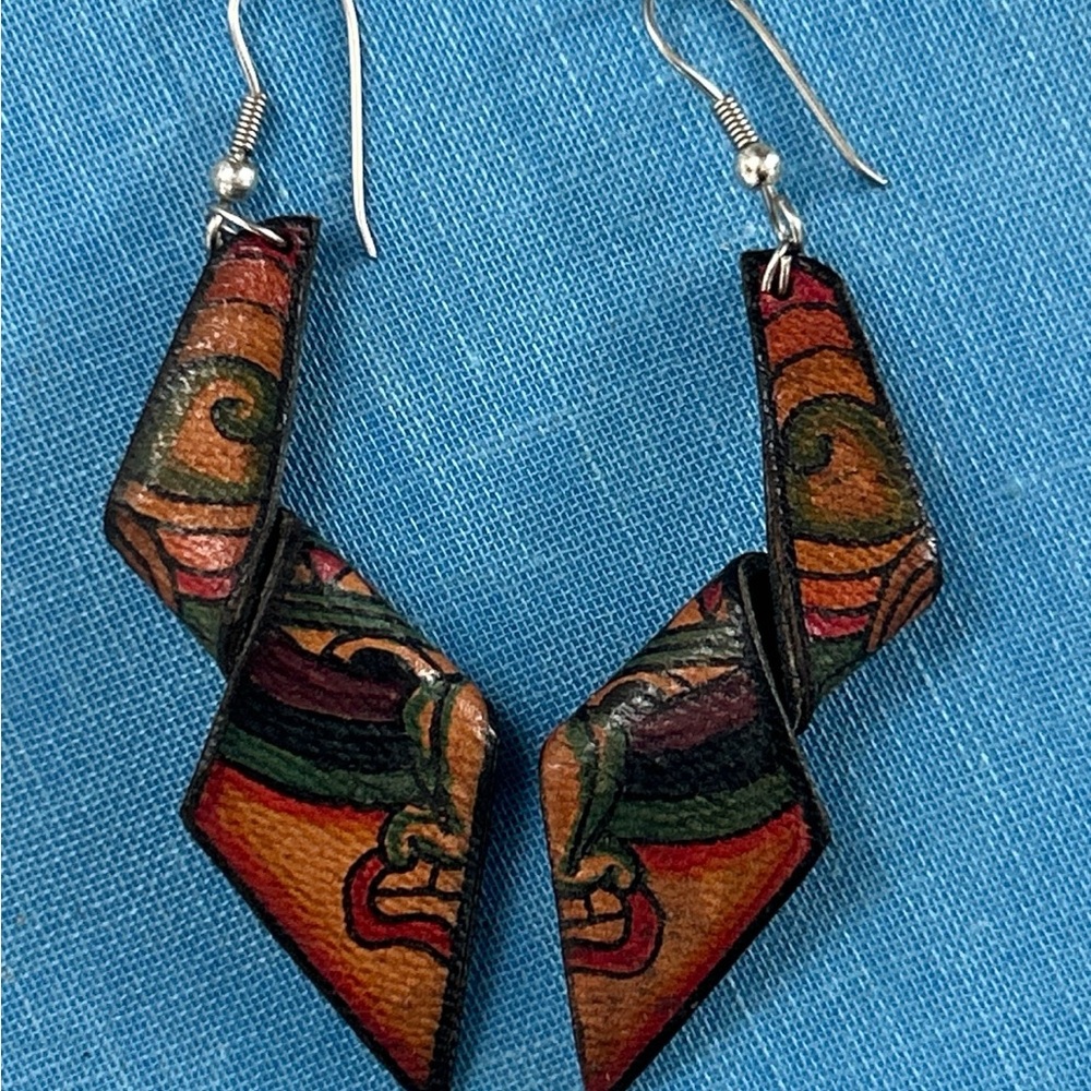 BOHO SOHO Artisan Handcrafted primitive Tattoo Leather Face Dangle Earrings VTG